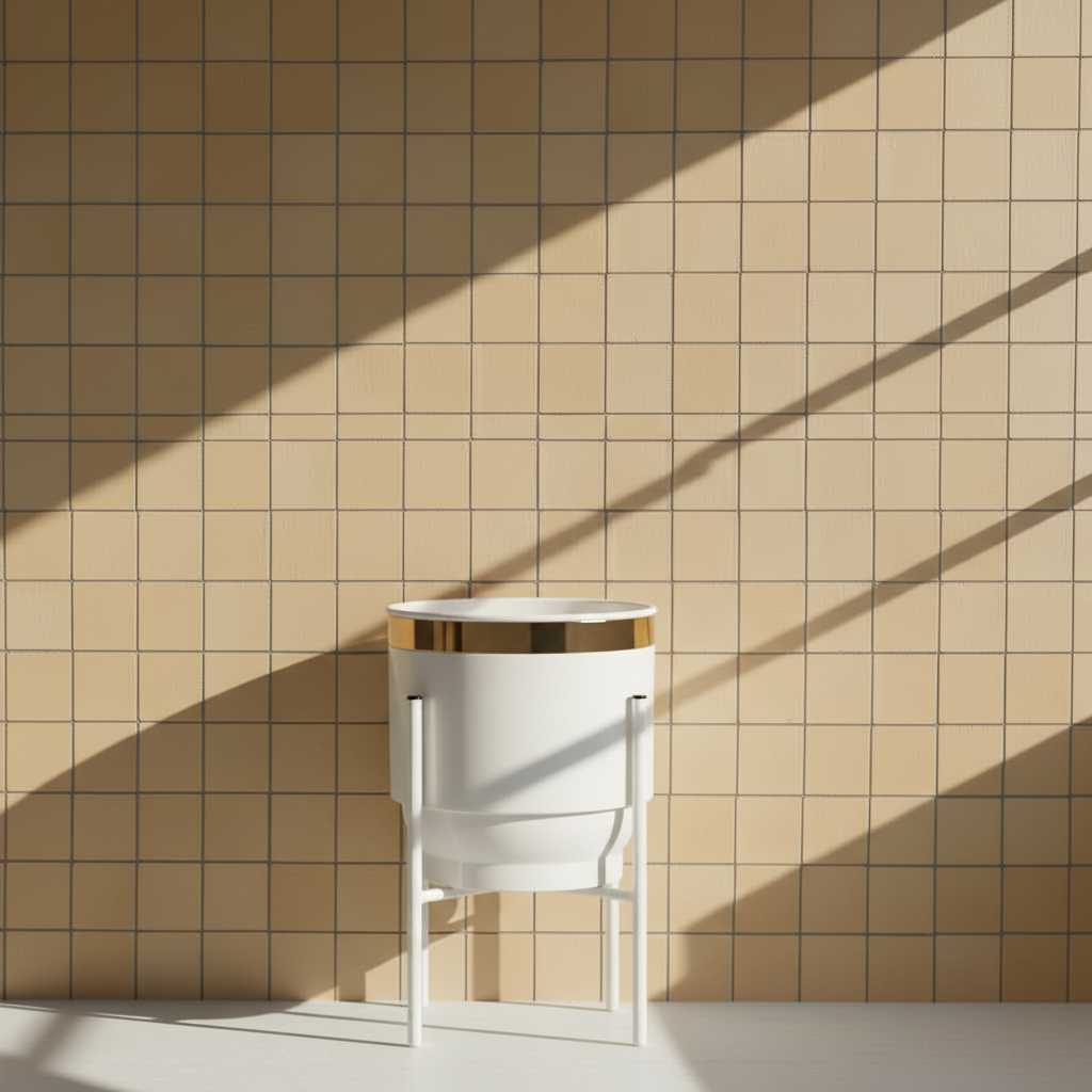 Parlak Beyaz Ayaklı Metal Saksı - Pirinç Şerit Detaylı Minimalist İç Mekan Saksısı