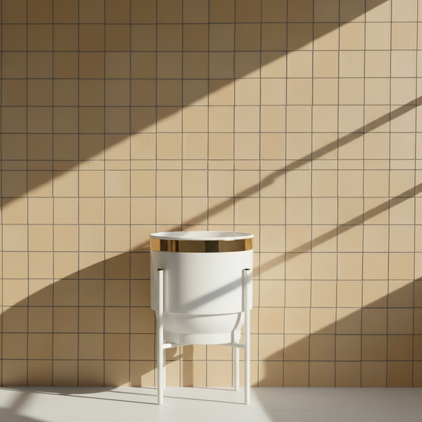 Parlak Beyaz Ayaklı Metal Saksı - Pirinç Şerit Detaylı Minimalist İç Mekan Saksısı