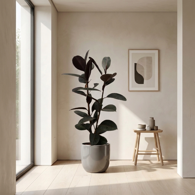 Ficus Elastica Abidjan - Siyah Kauçuk Çiçeği - 2 Gövdeli - İç Mekan Bitkisi